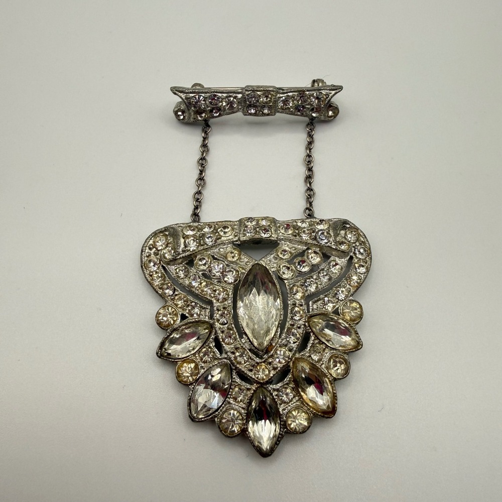 Vintage Art Deco Silver Tone Rhinestone Chatelaine Brooch Bow Shield Pin 3 Inch